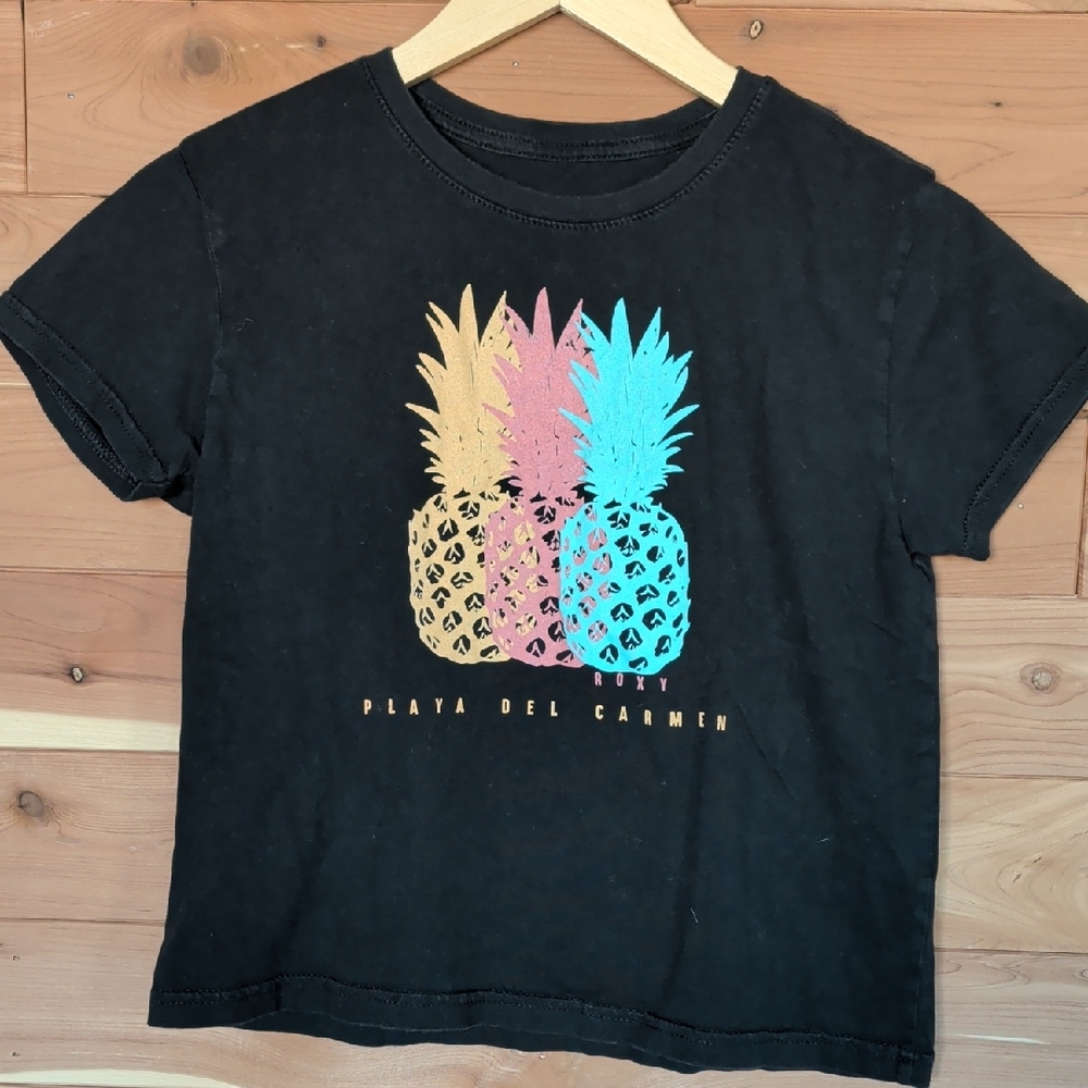 Roxy Playa Del Carmen Black T-Shirt with Colorful Pineapples, Size L/12, NWOT